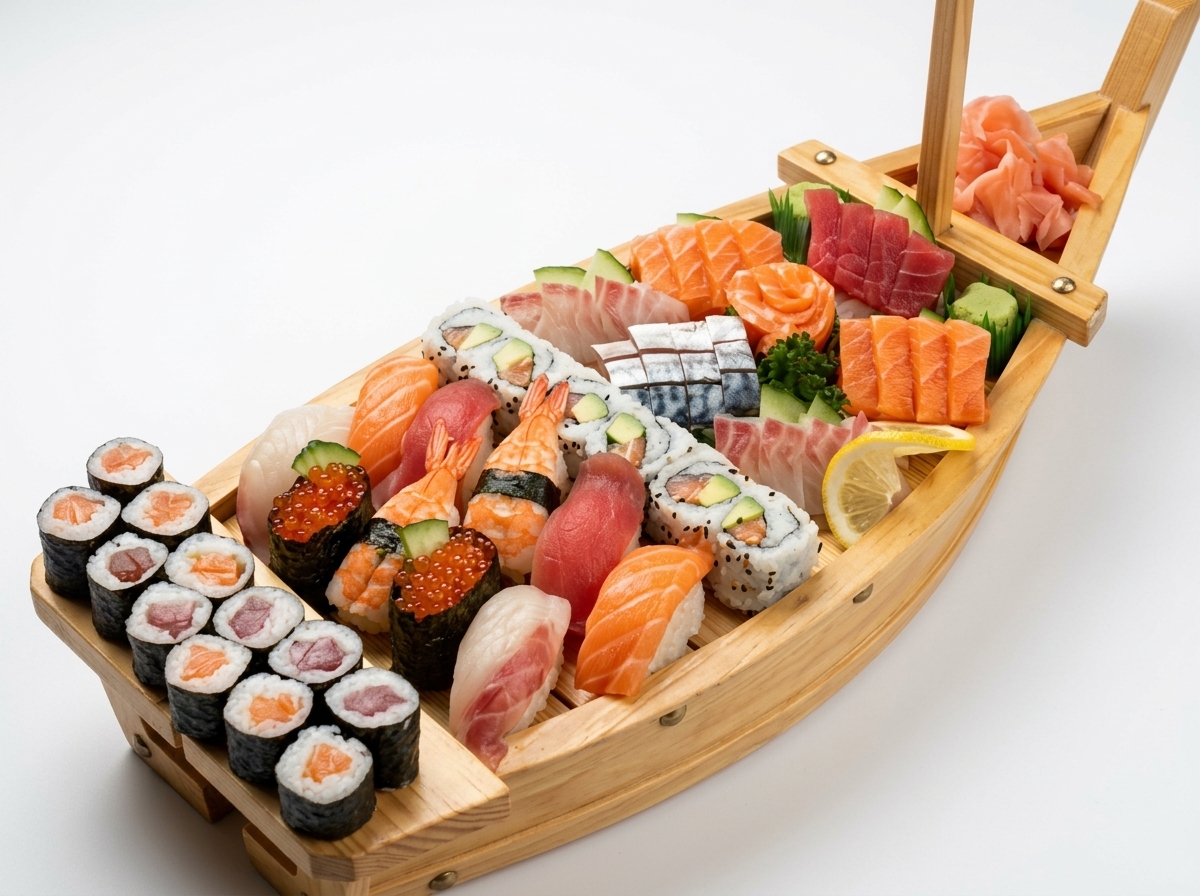 Grand bateau de sashimi et sushi assortis pour deux personnes