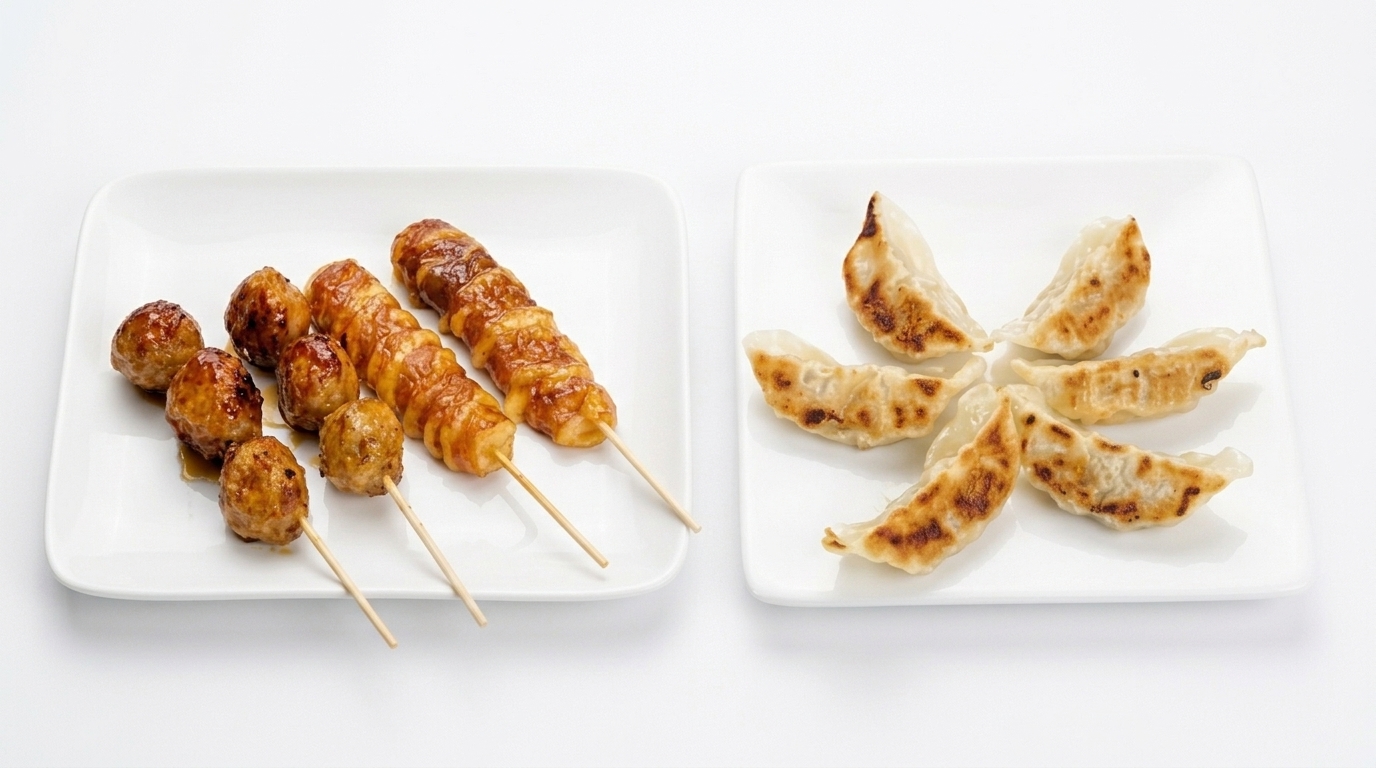 Raviolis poulet et brochettes