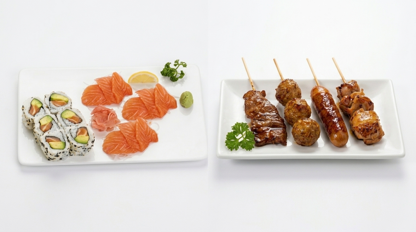 Sashimi saumon california et brochettes